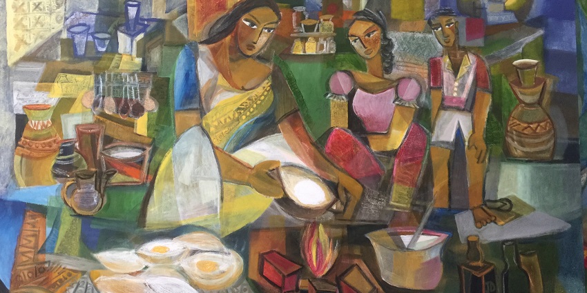 A colourful painting of street vendors preparing hoppers and cooking in traditional wear.