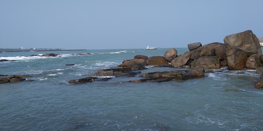 Rocky shores of Kanyakumari Beach which is one of the famous tourist spots for visitors.
