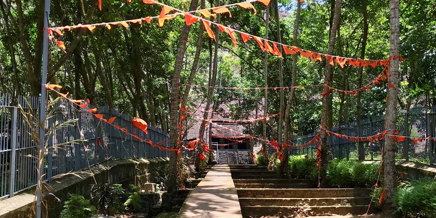 Entrance of the ancient Thirunanthikarai rock-cut cave temple nestled in lush hillside foliage.