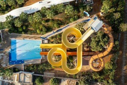 The image shows birds eye view of a waterpark, fun twisty ride - Karnal water parks