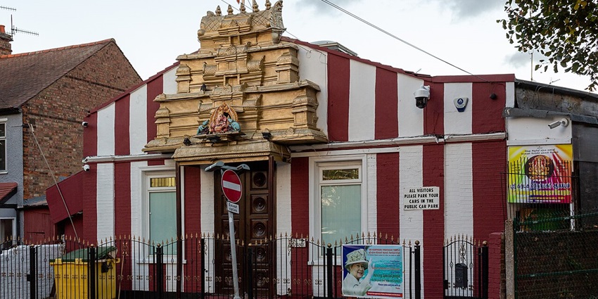Front façade of Sri Karpaga Vinayagar Temple in Walthamstow with a decorative entrance