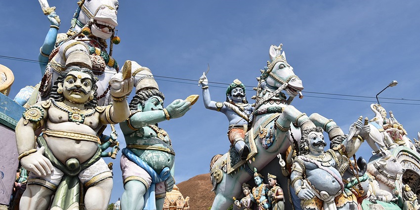 Karuppu Sami temple at Samanar Hills foothills with ornate entrance—ayyanar temples.