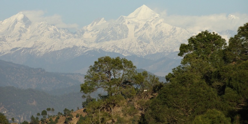 A picture of the snow-covered Himalayan mountains taken from Kausani, Uttarakhand