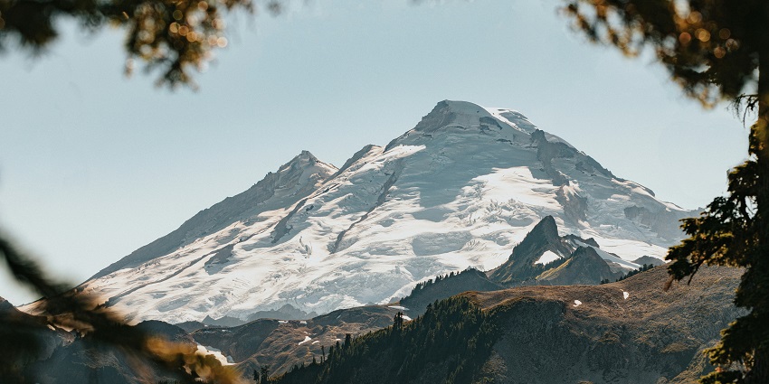 A view of the snow-capped mountain peak at Kausani Hill Station, located in Uttarakhand.