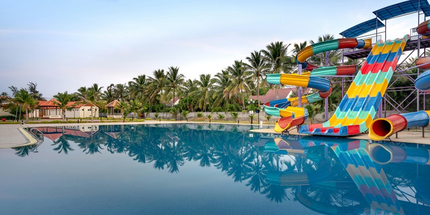 Swimming pool with slides for all age groups at the Kenduli Water Park, West Bengal.
