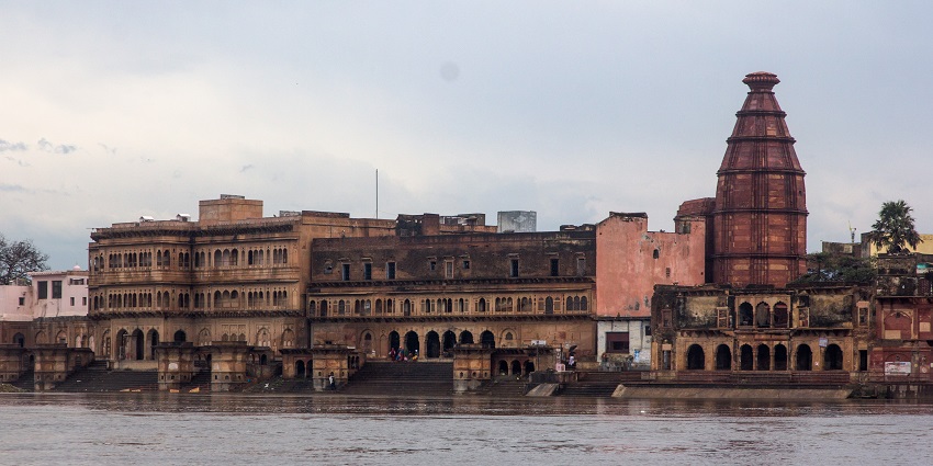 Kesi Ghat overlooking the scenic banks of the Yamuna River, a tourist attraction near Nidhivan Temple.