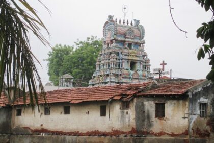 Naganathaswamy Temple with detailed architecture, colourful carvings, and surrounding trees.