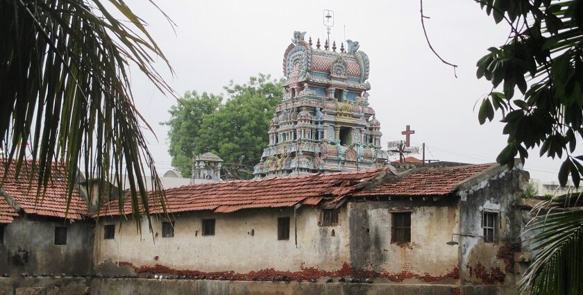 Naganathaswamy Temple with detailed architecture, colourful carvings, and surrounding trees.