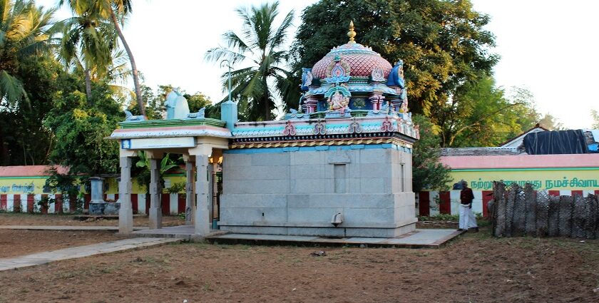 Konerirajapuram Temple with detailed Chola stone carvings behind a wall and trees