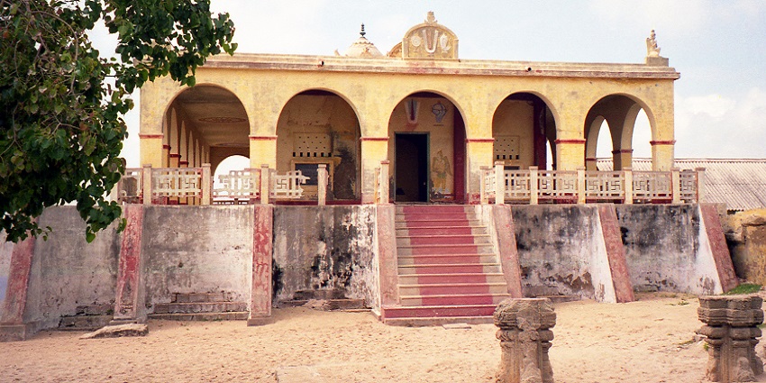 Front view of Kothandaramaswamy Temple featuring stairs leading to entry into the temple