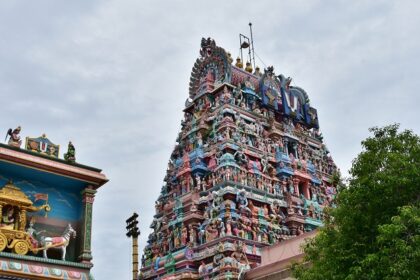 A scenic view of a temple in Tamil Nadu, near one of the Krishna Temples in Tamil Nadu