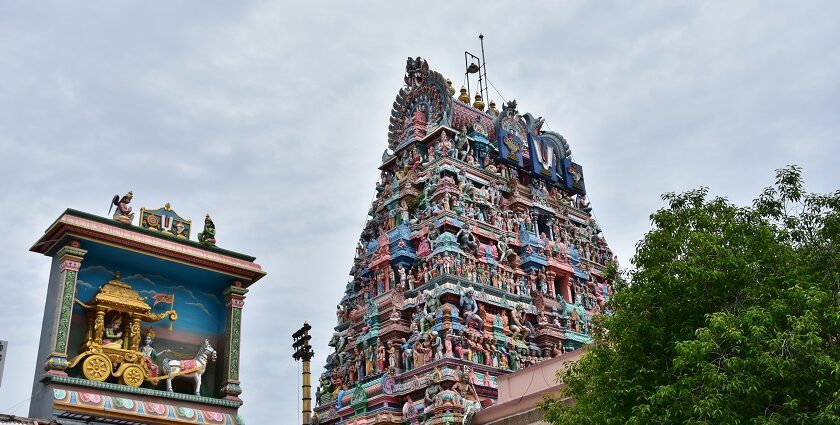 A scenic view of a temple in Tamil Nadu, near one of the Krishna Temples in Tamil Nadu