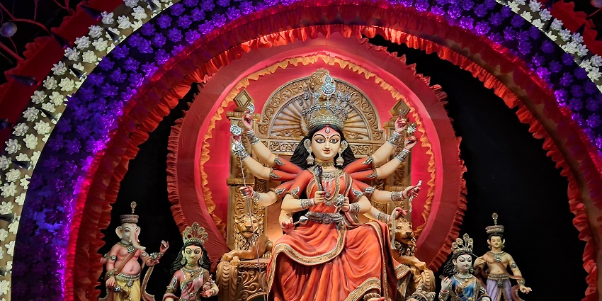 An image of an idol of Goddess Durga situated in Kumartuli Park, Kolkata.