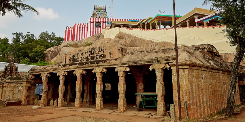 Front view of Kundrakudi Arulmigu Shanmuganathan Temple is seen at the top of the hill