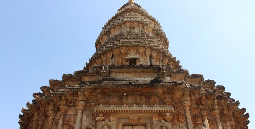 Intricate Hindu temple architecture with ornate carvings in traditional design structure