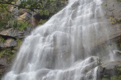 A scenic view of Kutladampatti Waterfalls surrounded by greenery in Vadipatti, Tamil Nadu.