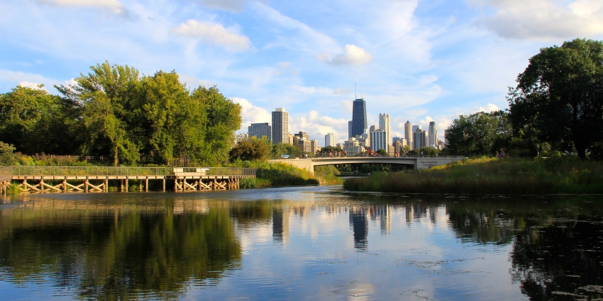 Lincoln Park Zoo with a bridge and clear water reflecting the greenery of the park