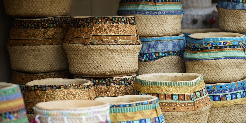 Handmade baskets at the local handicraft market in Rampura.
