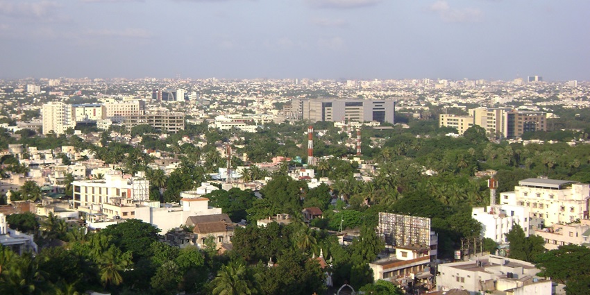 Chennai cityscape from St. Thomas Mount with urban buildings hidden in lush greenery
