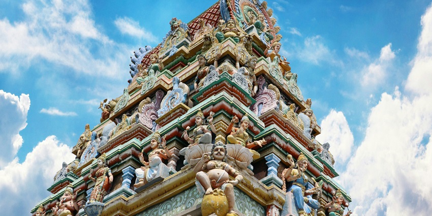 View of the intricately carved gopuram of Dhandeeswaram temple