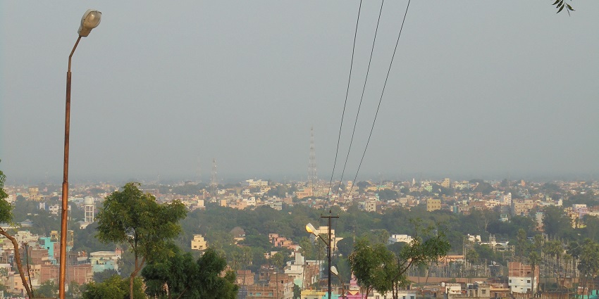 View of Bihar Sharif from Bari Pahari with local traditional houses and buildings.