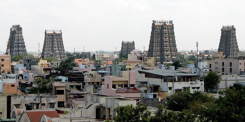 Madurai cityscape with historic temples and a mix of traditional and modern buildings