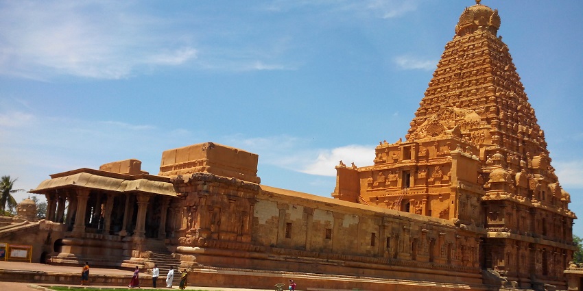 View of the Jaganath temple with a long stretching garden out its courtyard