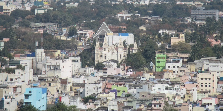 Dindigul district from the top with a church in the middle surrounded by buildings