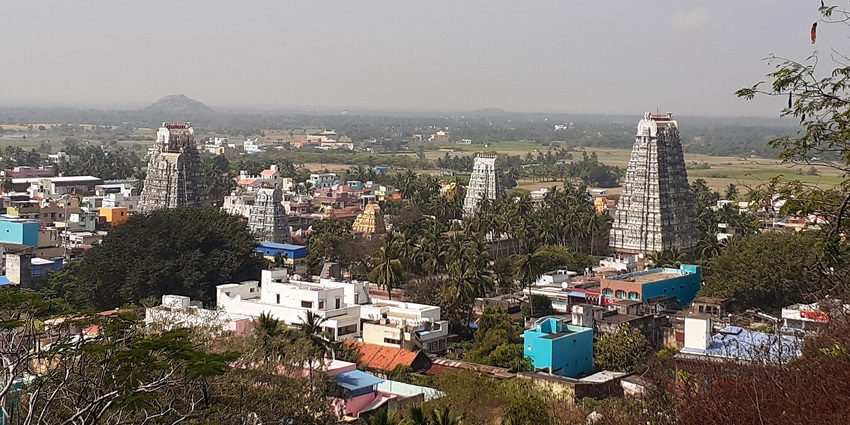 Thirukazhukundram town from top of the mountain with its majestic temples and buildings.