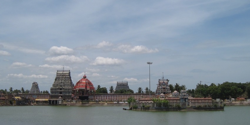 Kothandaramar temple complex with its large sacred water tank and other temple structures.