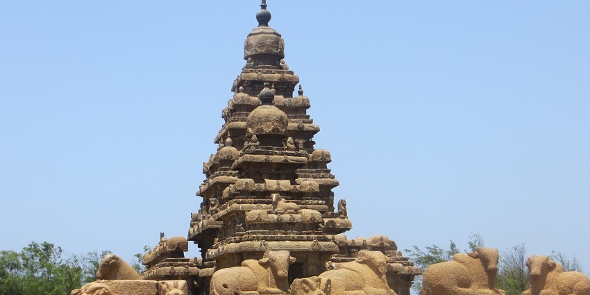 A distant view of the majestic Mamallapuram Temple located across the green park.