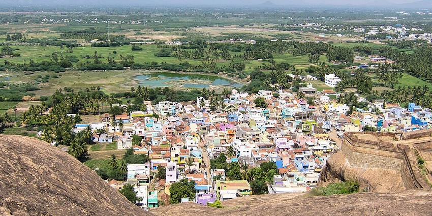 The area of Dindigul visible from the top of Dindigul fort with distant hills toward Kodaikanal