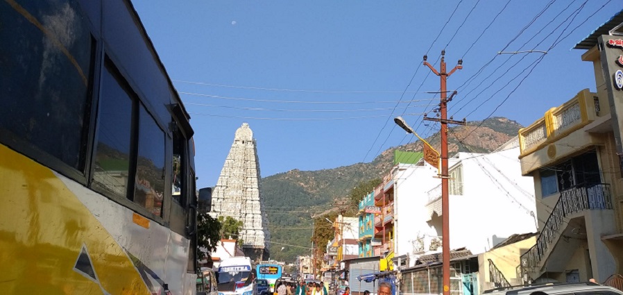 Wide view of Arunachalam Temple with its towering structure and surrounding buildings