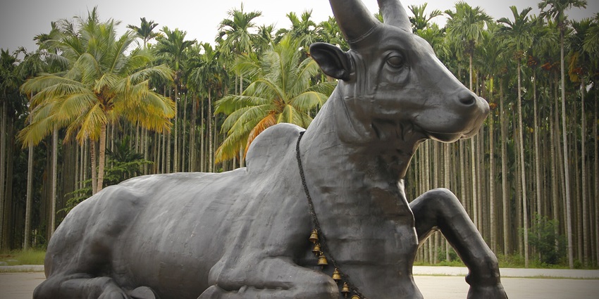 Statue of a bull at the Isha Yoga Center with trees and hills in the background