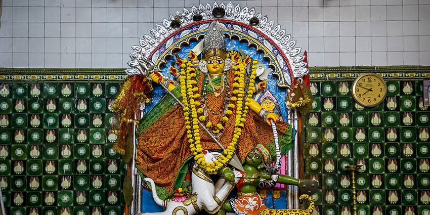 A shot of an idol; of Goddess Durga in a temple near Vijaygarh Fort.