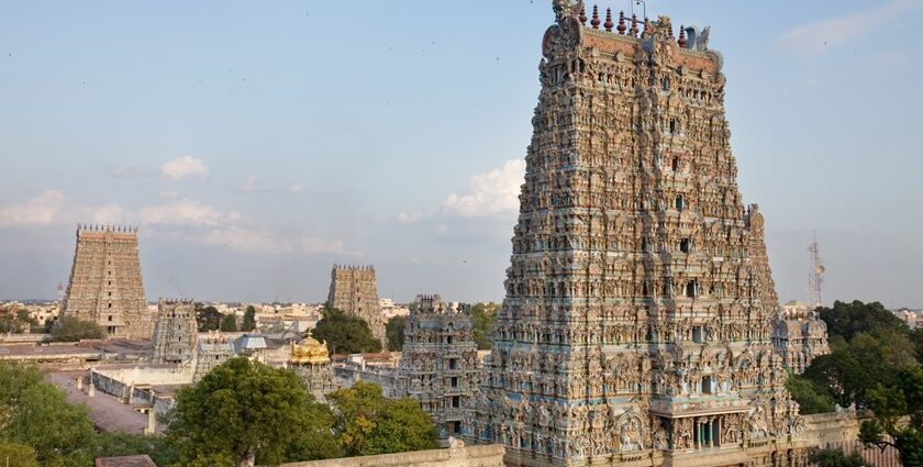 An Image of the top view of the intricate Madurai Meenakshi Temple, highlighting Madurai Temples