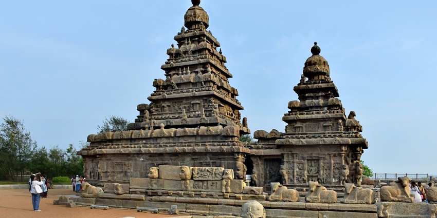 A view of the ancient Shore Temple featuring intricately carved architecture and designs.