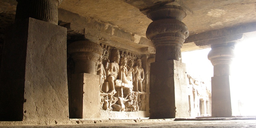 A representative image of a rock-cut monastery temple cave complex in India.