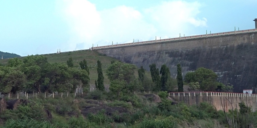 A dam shot contains green trees surrounding the part beneath the dam and a clear sky above.