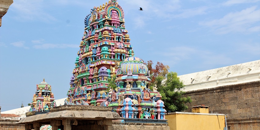 Srimushnam Temple complex with detailed carvings and surrounding temple structures.