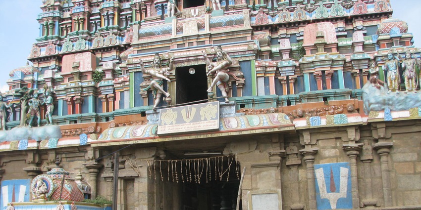 A glimpse of a towering temple nestled in Mayiladuthurai, a scenic temple town.