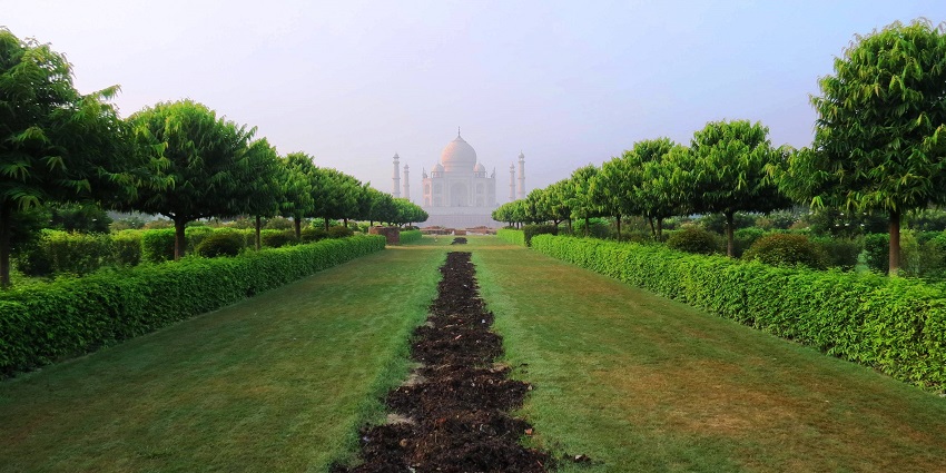 A picture of the beautiful Mehtab Bagh mausoleum facing the Taj Mahal, Agra.