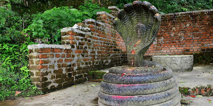 A view of a revered temple dedicated to Nag Devta, surrounded by nature.
