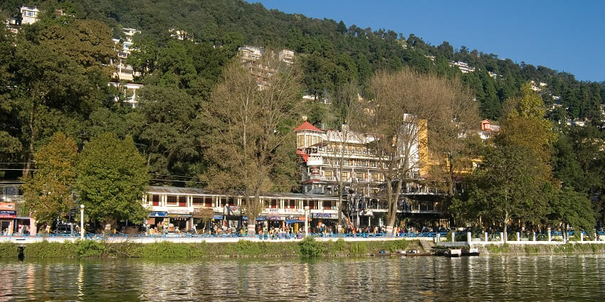 A picture of Nainital's Mall Road, taken from a boat in Naini Lake
