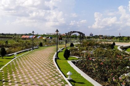 Greenery and flower plants around the walkway at the Nature Park Kolkata