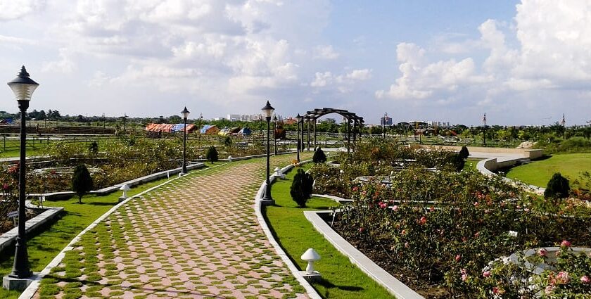 Greenery and flower plants around the walkway at the Nature Park Kolkata