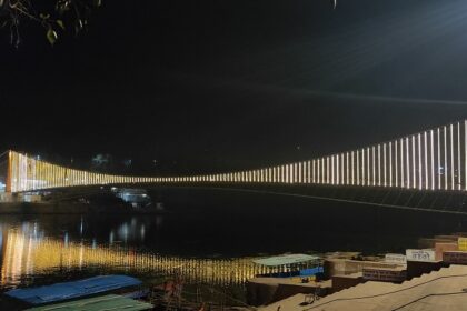 A view of the Ram Jhula in Rishikesh that provides a stunning nightlife experience