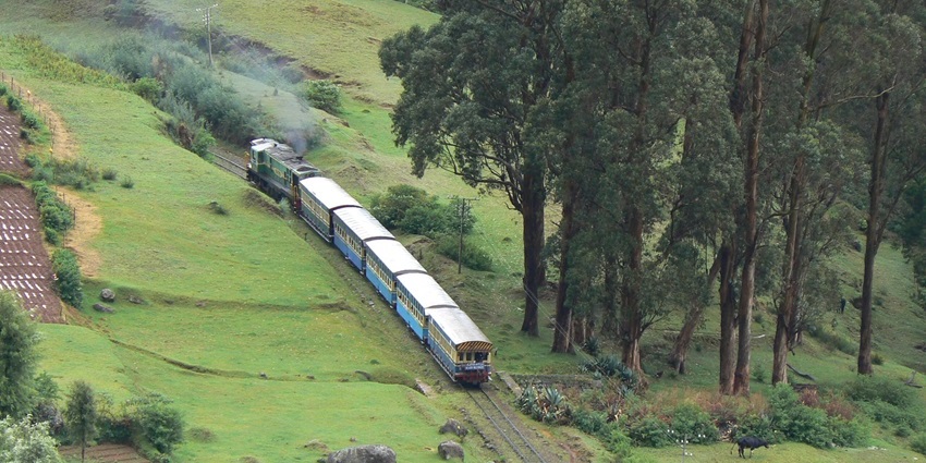 Image of The Nilgiri Mountain Railway from a hill top view in Tamil Nadu