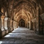 A serene view of a monastery cloister featuring elegant columns and vaulted ceilings, surrounded by lush greenery.