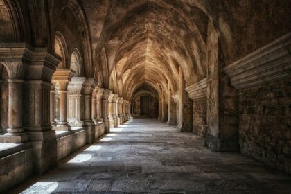 A serene view of a monastery cloister featuring elegant columns and vaulted ceilings, surrounded by lush greenery.